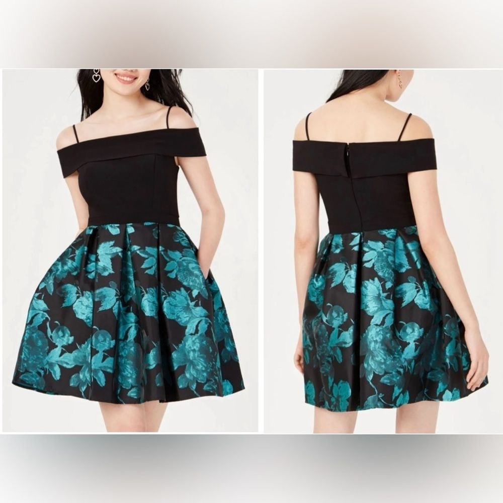 Morgan & Co Teal Black Floral Jacquard Dress 9 Off Shoulder Cocktail Formal